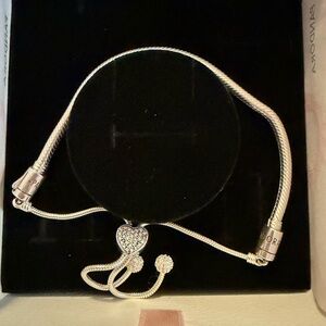 Pandora Silver Heart Charm adjustable Bracelet and box and bag